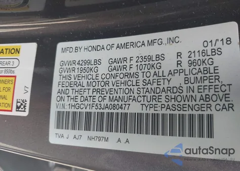 2018 Honda Accord Ex-L z USA, uszkodzony, nr VIN 1HGCV1F53JA080477